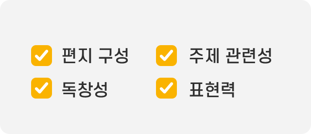 편지구성, 주제관련성, 독창성, 표현력
