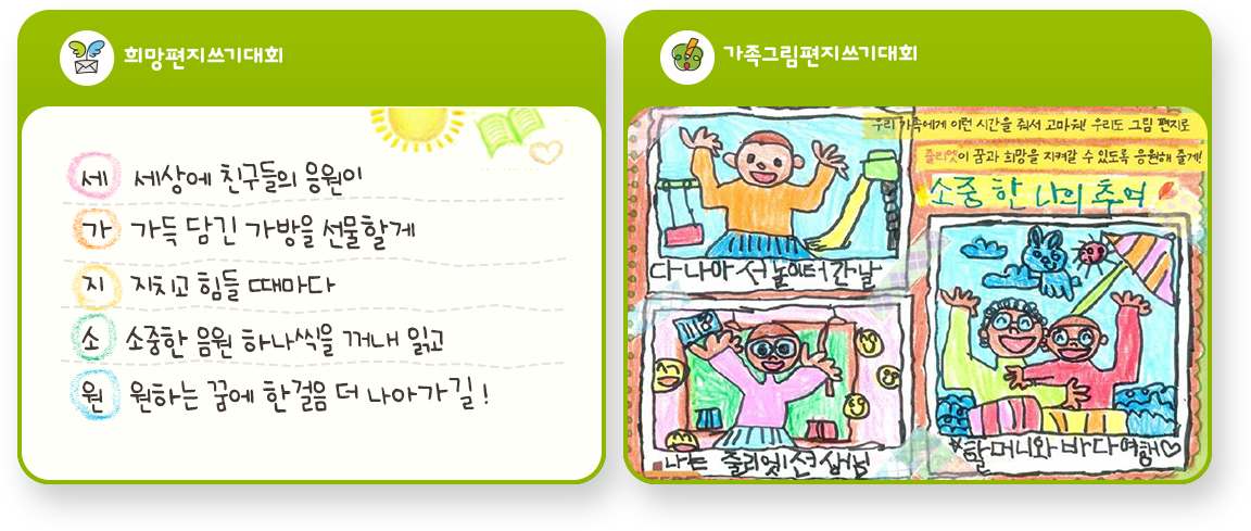 세가지소원 5행시 세 : 세상에 친구들의 응원이, 가 : 가득 담긴 가방을 선물할게, 지 : 지치고 힘들 때마다, 소 : 소중한 응원 하나씩을 꺼내 읽고, 원 : 원하는 꿈에 한걸음 더 나아가길!